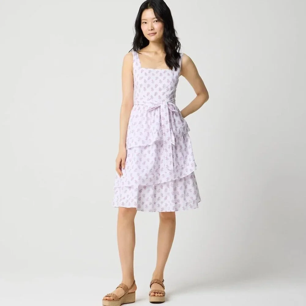 J. Crew White Violet Storm Sleeveless Belted Tiered Dress Size 4 23385